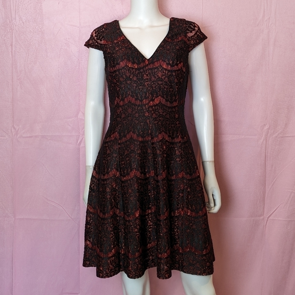 Kensie Metallic Red and Black Lace V Neck Festive Holiday Christmas Dress 6